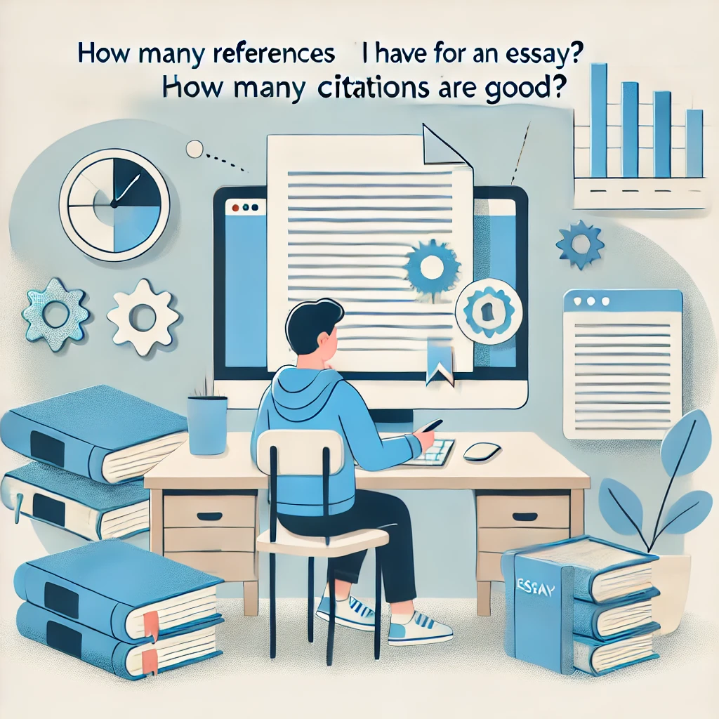 Illustration of a student researching and writing an essay with books and a computer, surrounded by charts and icons.