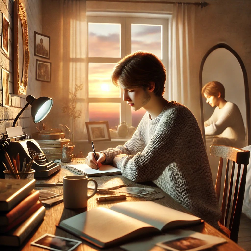 A young writer working at a desk during sunset, surrounded by books, a typewriter, and personal items, with their reflection in a mirror.