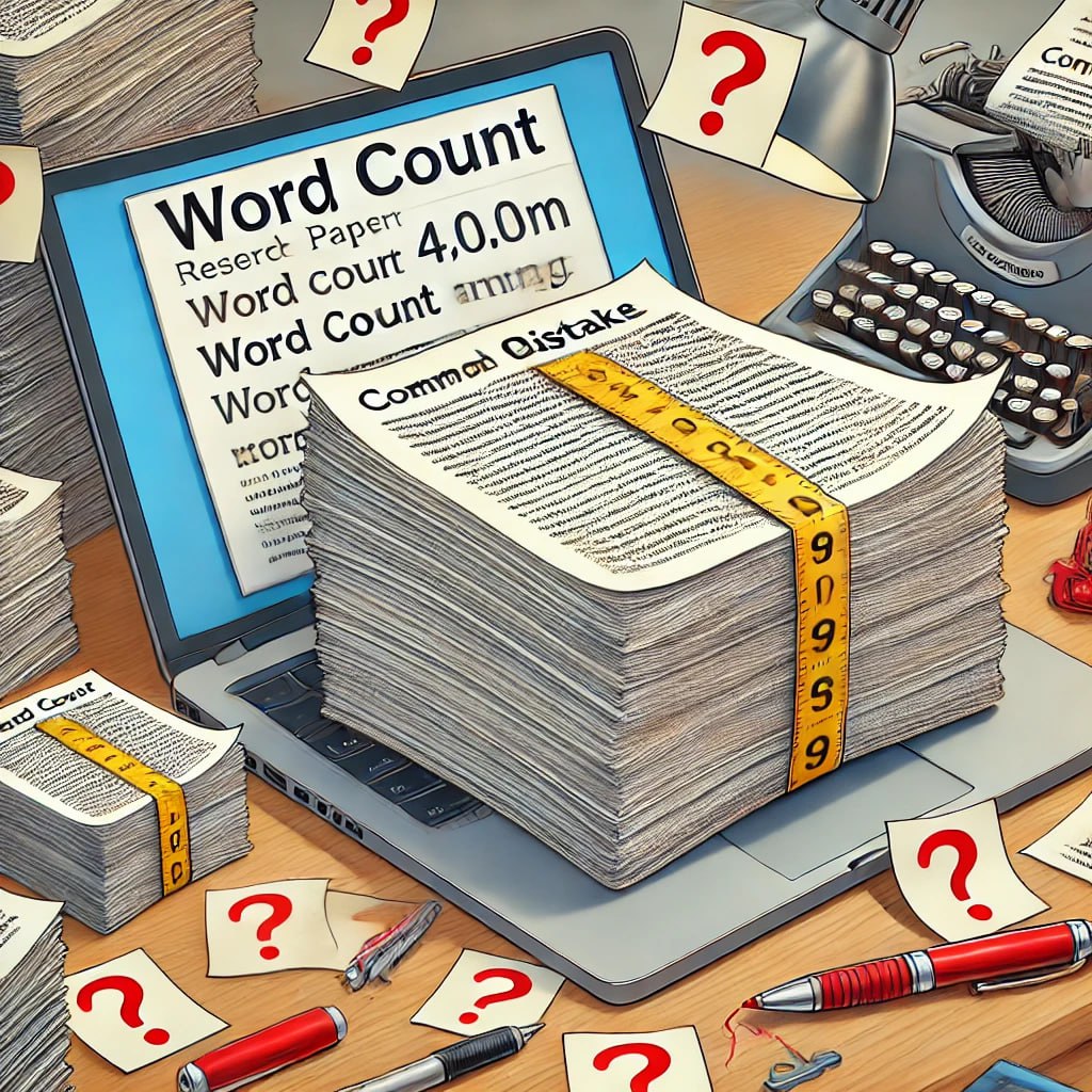 A stack of papers measured with a tape on a laptop screen displaying 'Word Count,' surrounded by question marks and writing tools.